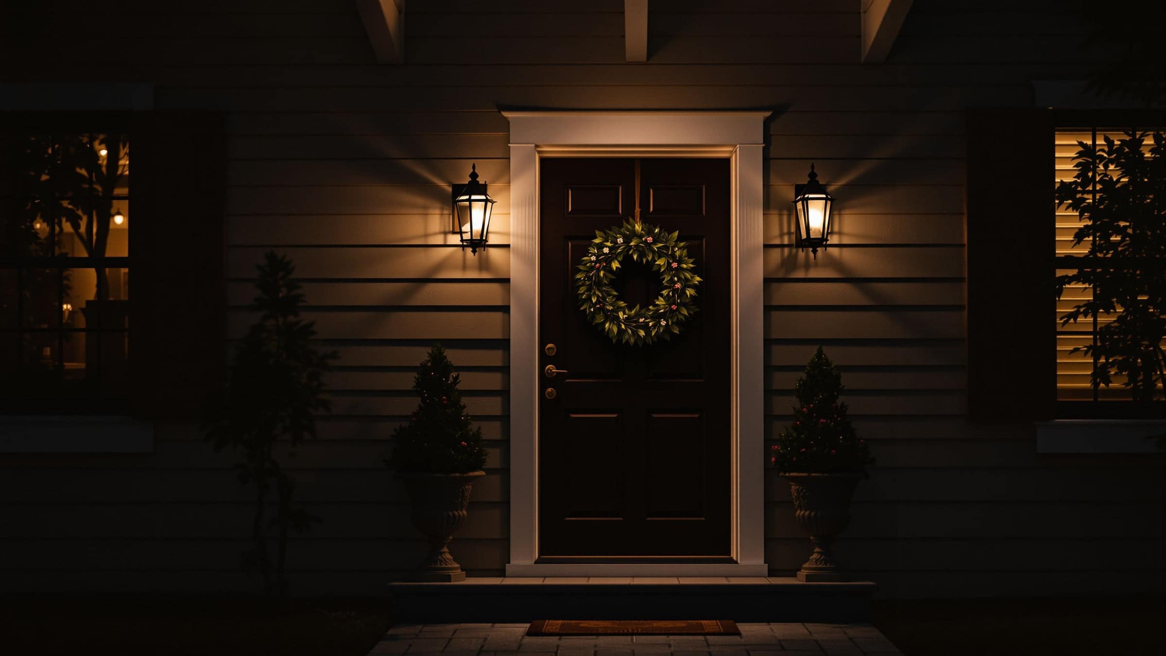 A front door with a wreath lit by a porch light at dusk.