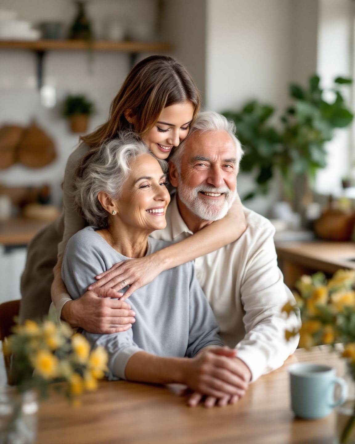 An adult daughter hugs her smiling older parents at their kitchen table.