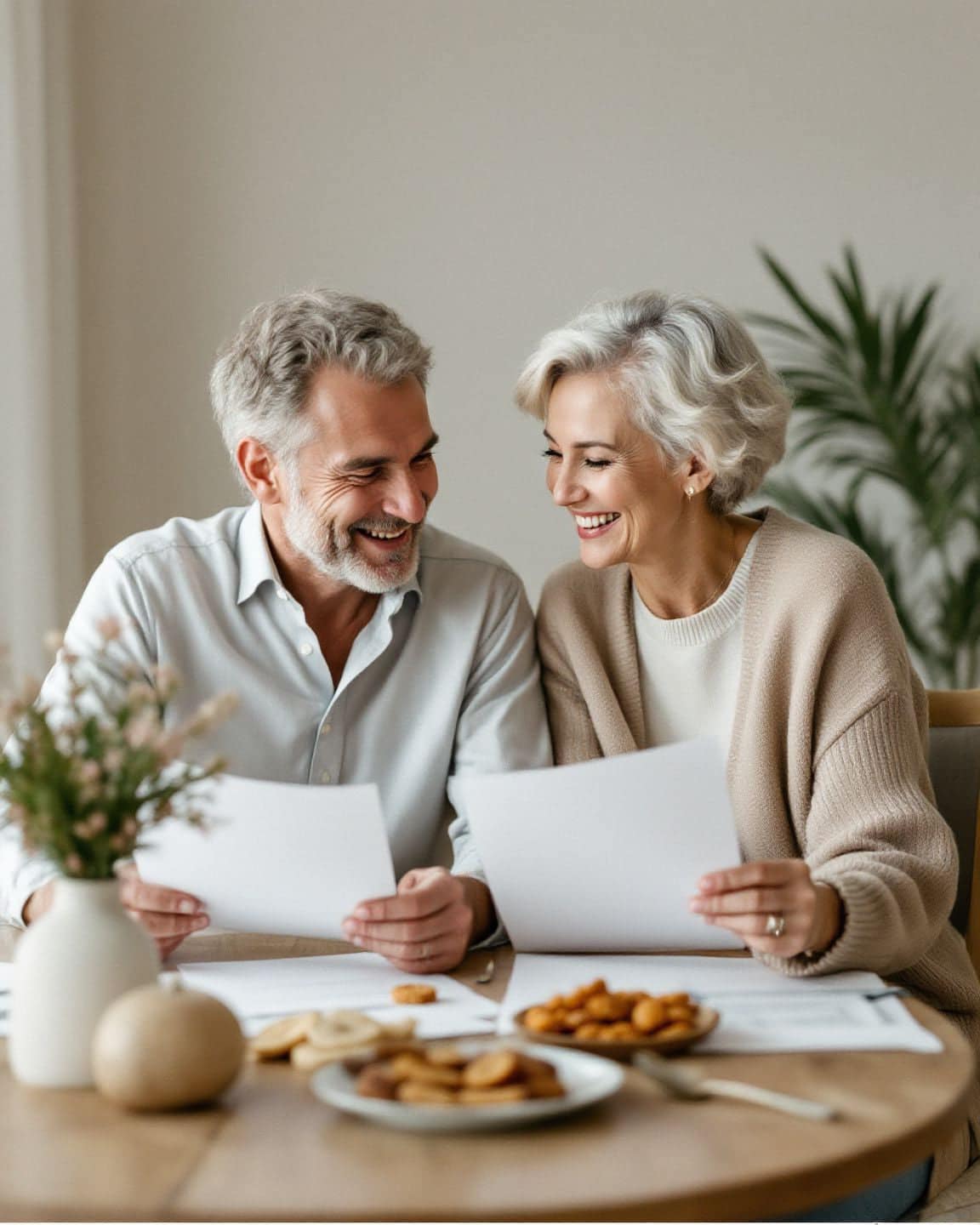 A couple reviews papers together at their dining table, smiling.