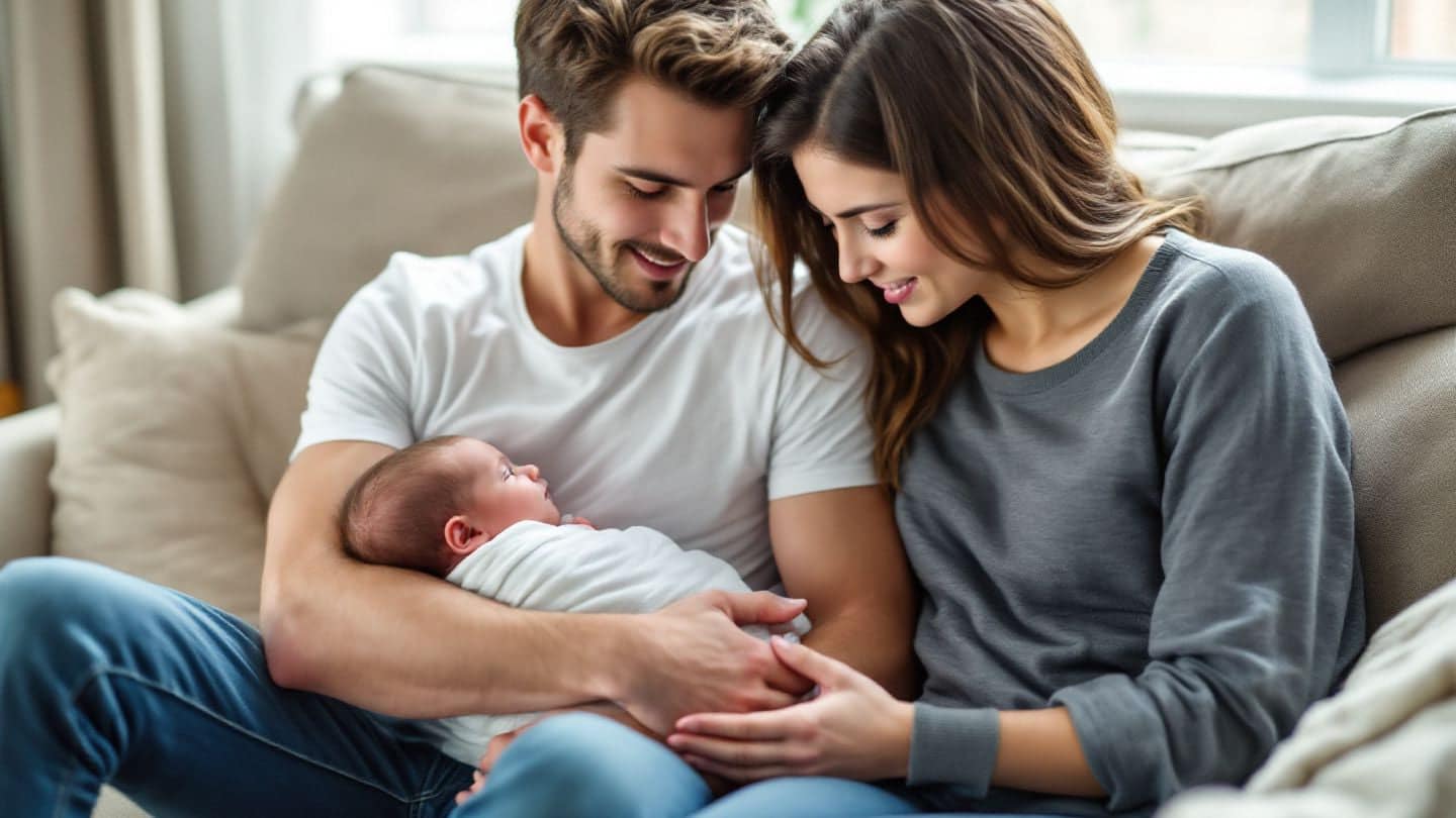 Young parents hold their newborn on a sofa.