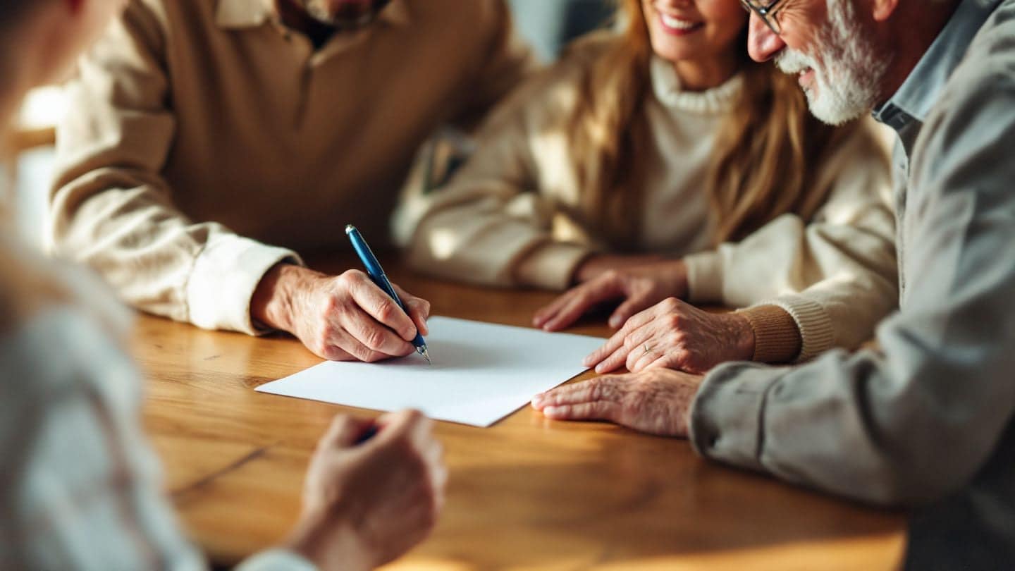 A person signs a sheet of paper at a dining table while family and a witness look on.